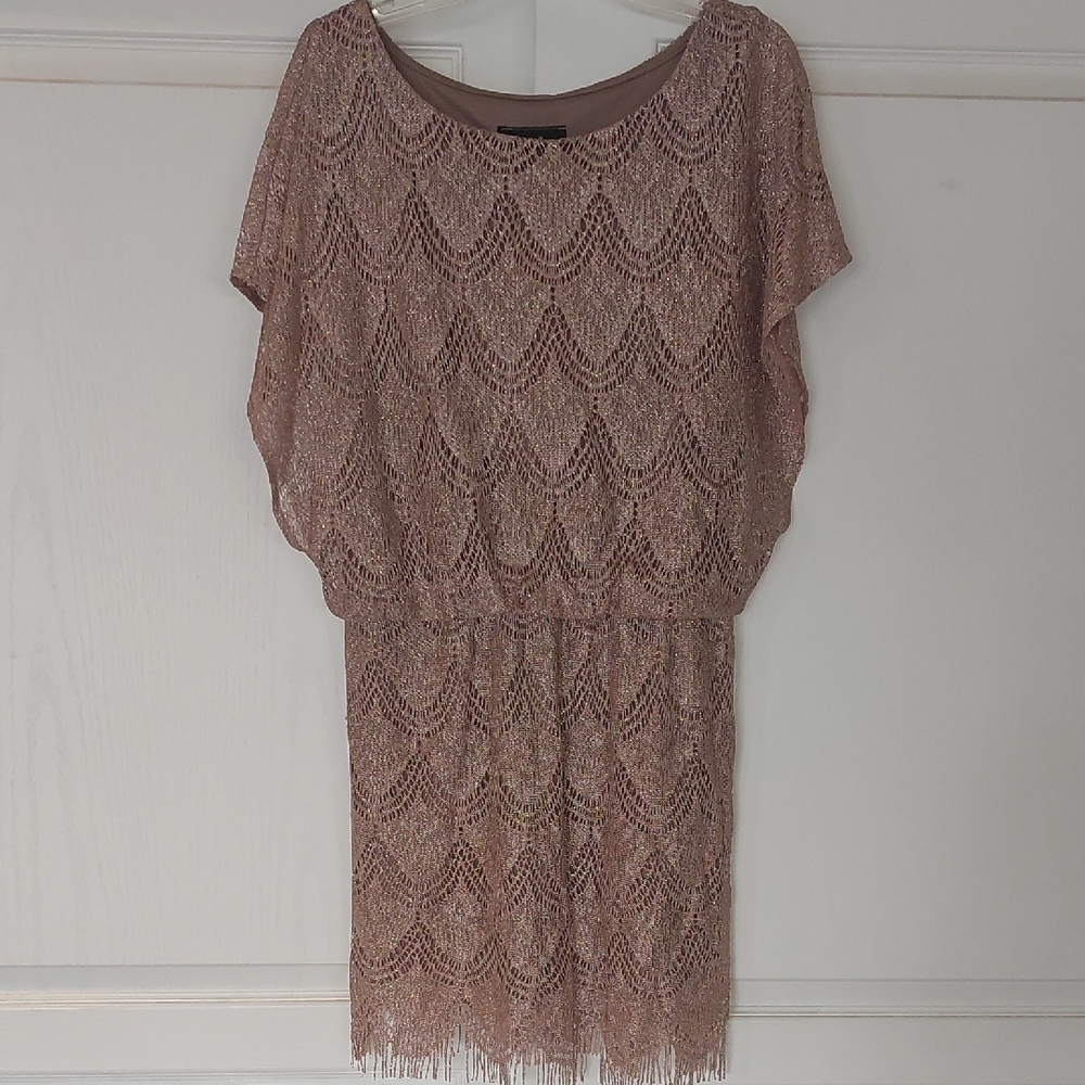 S.L. Fashions Sparkle Beige Sheath Mini Dress with Scoop Neck